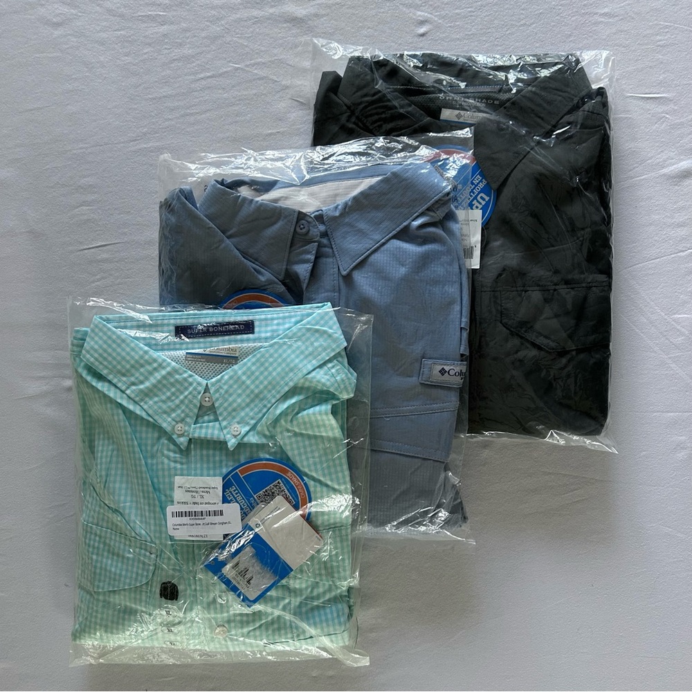Columbia PFG Fishing Shirt Bundle XL 3 Pack Blue Gray Green Check NWT